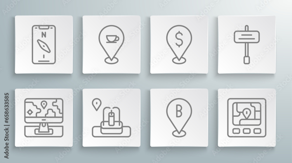 Set line Monitor with location marker, Location coffee cup, fountain, Gps device map, Cash, Road traffic sign and Compass mobile icon. Vector Set line Monitor with location marker, Location coffee cup, fountain, Gps device map, Cash, Road traffic sign and Compass mobile icon. Vector