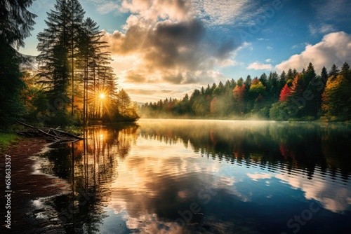 Bright color illustration - beautiful landscape early morning on a lake in the autumn forest, dawn, sunrise or sunset