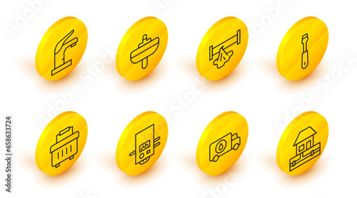 Set line Water supply pipes, Plumber service car, Gas boiler, Toolbox, Screwdriver, Broken, Washbasin and tap icon. Vector