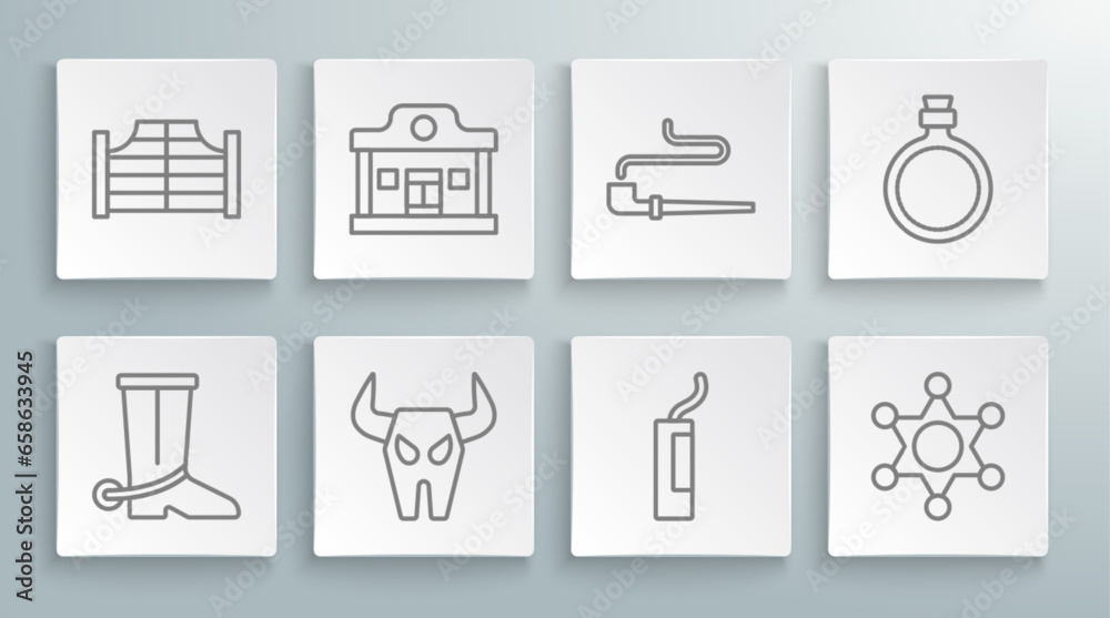 Set line Cowboy boot, Wild west saloon, Buffalo skull, Dynamite bomb, Hexagram sheriff, Smoking pipe, Canteen water bottle and Saloon door icon. Vector Set line Cowboy boot, Wild west saloon, Buffalo skull, Dynamite bomb, Hexagram sheriff, Smoking pipe, Canteen water bottle and Saloon door icon. Vector