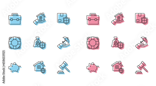 Set line Piggy bank, House with shield, Briefcase, Judge gavel, Money, Umbrella in hand, Lifebuoy and icon. Vector