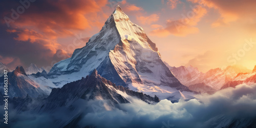 majestic snowy mountain peak towering above the clouds