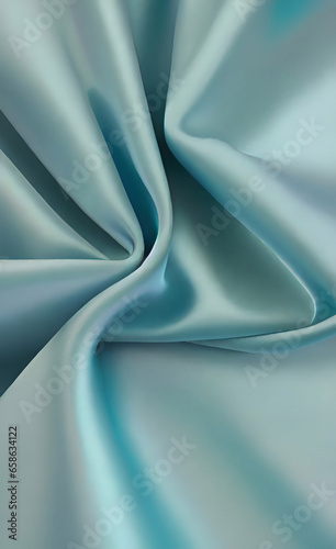 Blue and green silk satin fabric. Elegant teal color background. Liquid wave or silk soft wavy folds. Beautiful turquoise fabric background with copy space for your design.