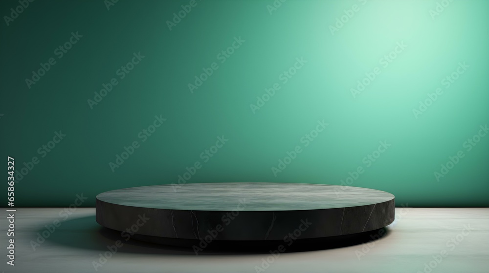 Round Stone Podium in front of a green Studio Background. Black Pedestal for Product Presentation Round Stone Podium in front of a green Studio Background. Black Pedestal for Product Presentation