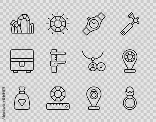 Set line Bag with gems, Diamond engagement ring, Wrist watch, Gem stone, Calliper or caliper and scale, Jewelry store and icon. Vector