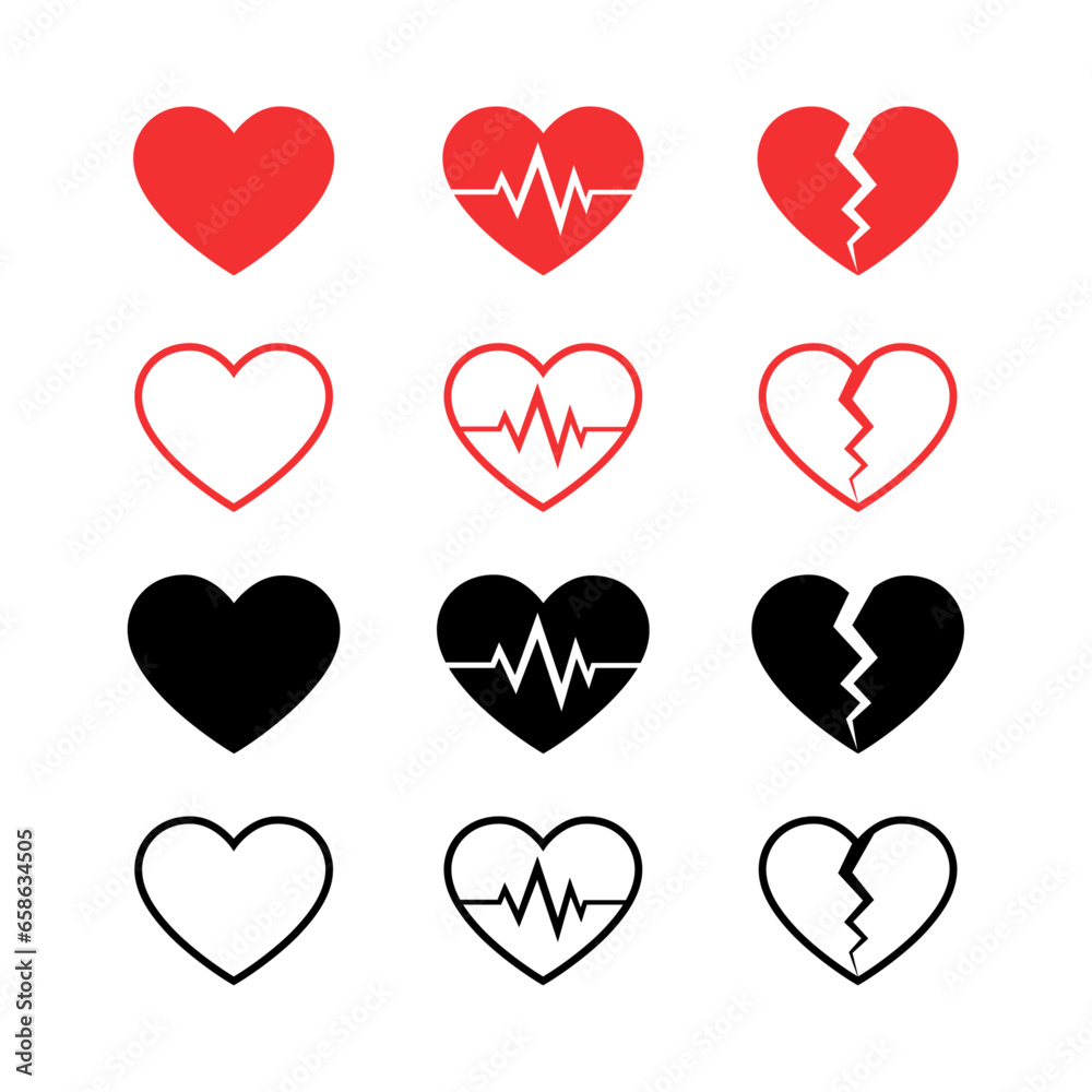 Heart vector icons. Set of heartbeat, broken heart, and Normal heart symbol icon collection
