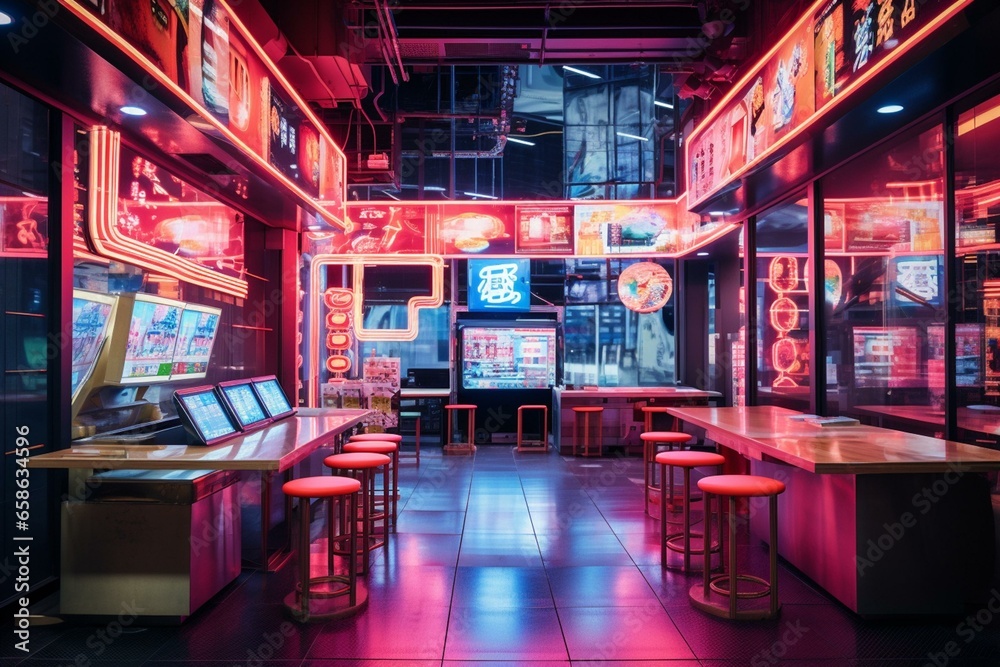 Futuristic ramen shop with neon signs. Generative AI