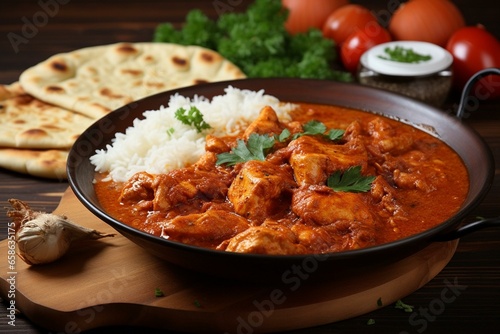 Delicious chicken curry served with naan, rice, and sour cream on a wooden table. Generative AI