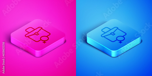 Isometric line Work for female icon isolated on pink and blue background. Business woman work. Square button. Vector