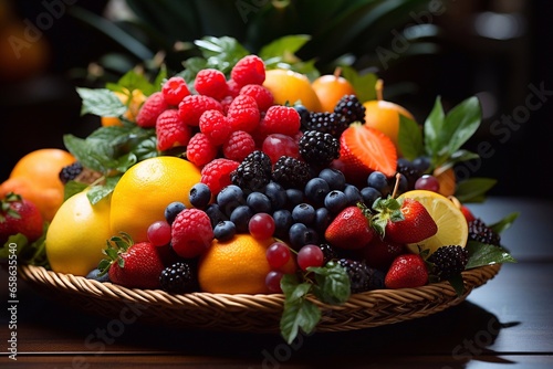 Bountiful Ensemble Generative AI Crafts Closeup Image of Basket Laden with Diverse Fruits and Leaf