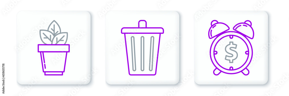 Set line Alarm clock with dollar symbol, Flowers in pot and Trash can icon. Vector Set line Alarm clock with dollar symbol, Flowers in pot and Trash can icon. Vector
