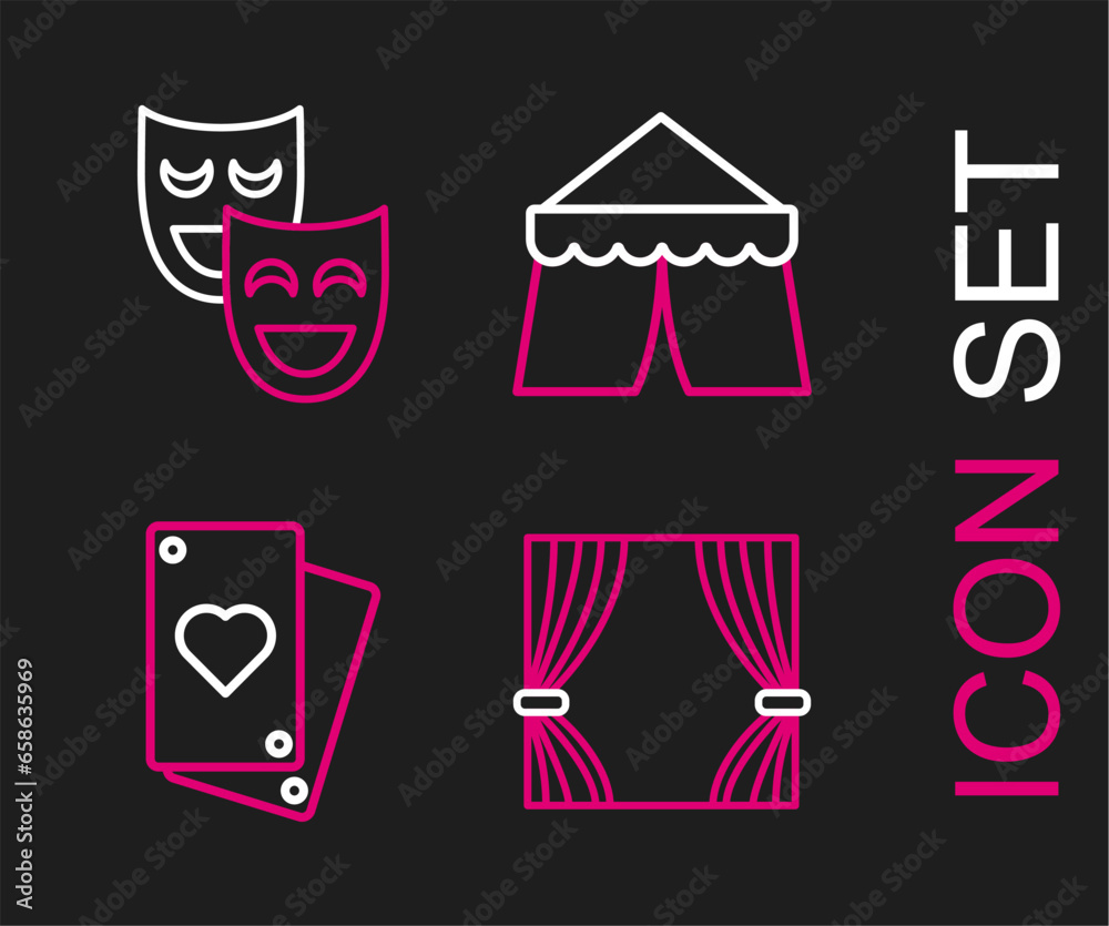 Set line Curtain, Playing card, Circus tent and Comedy theatrical masks icon. Vector