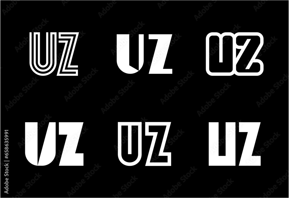 Set of letter UZ logos. Abstract logos collection with letters. Geometrical abstract logos Set of letter UZ logos. Abstract logos collection with letters. Geometrical abstract logos