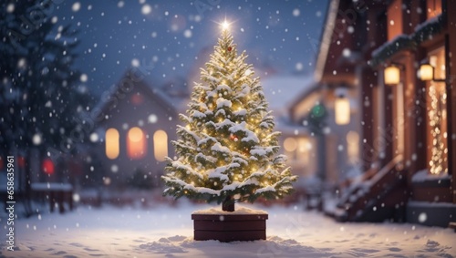 Wallpaper Mural Christmas tree outdoor with snow, lights bokeh around, and snow falling, Christmas atmosphere.

 Torontodigital.ca