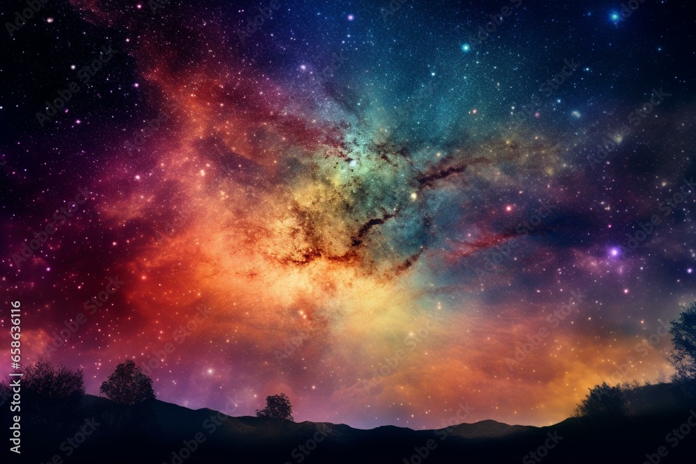 Vibrant celestial backdrop showcasing surreal space with colorful galaxies. Generative AI