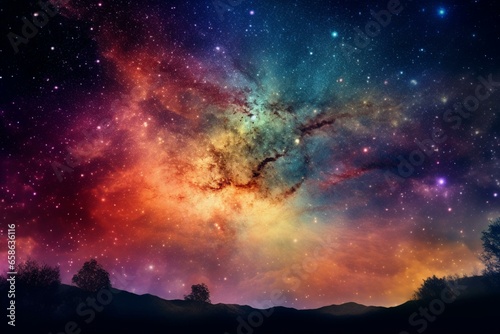 Vibrant celestial backdrop showcasing surreal space with colorful galaxies. Generative AI