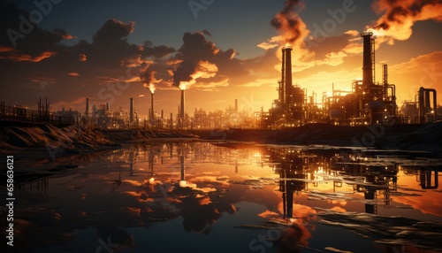 Industrial Compound, View of factories and industrial infrastructure during sunset