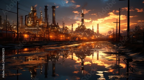 Industrial Compound, View of factories and industrial infrastructure during sunset