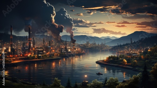 Industrial Compound, View of factories and industrial infrastructure during sunset