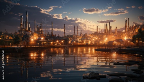 Industrial Compound, View of factories and industrial infrastructure during sunset