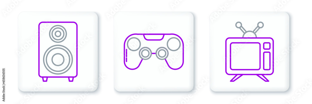 Set line Television, Stereo speaker and Gamepad icon. Vector