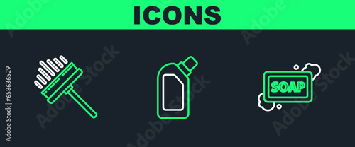 Set line Bar of soap with foam, Squeegee, scraper, wiper and Plastic bottles for liquid dishwashing liquid icon. Vector