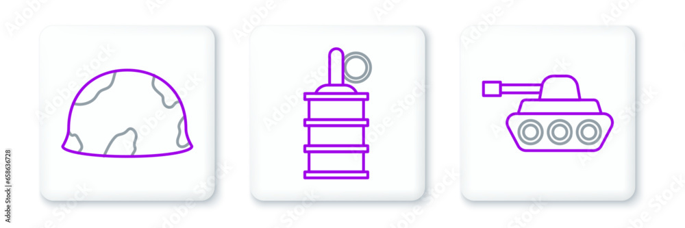 Set line Military tank, helmet and Hand grenade icon. Vector Set line Military tank, helmet and Hand grenade icon. Vector