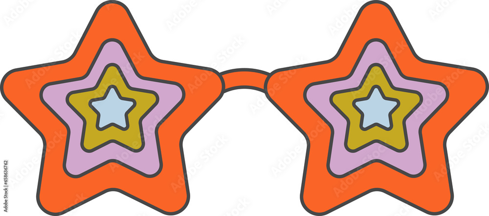 Groovy sunglasses. Retro hippy eyewear. Star-shaped glasses. 70s funky design. Summer outfit illustration Groovy sunglasses. Retro hippy eyewear. Star-shaped glasses. 70s funky design. Summer outfit illustration