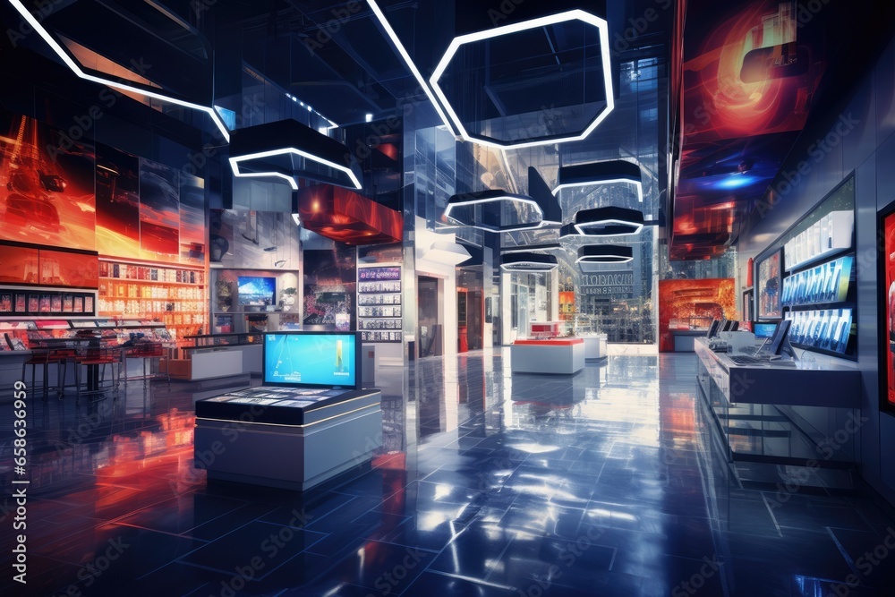 Obraz premium Discover the modern interior of this bustling city mall. Shoppers enjoy a blend of technology, entertainment, and luxury as they explore a wide range of stores