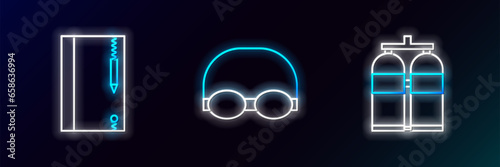 Set line Aqualung, Underwater note book and pencil and Glasses cap for swimming icon. Glowing neon. Vector