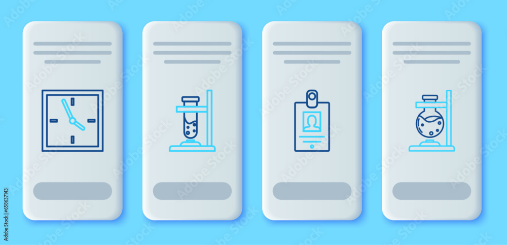 Set line Glass test tube flask on fire, Identification badge, Clock and icon. Vector