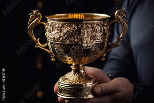 Gilded Glory Handclasp on Gold Cup Trophy of Excellence Forged by Generative AI