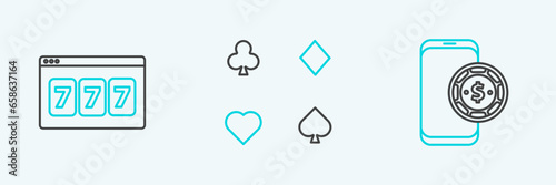 Set line Online poker table game, slot machine with lucky sevens jackpot and Playing cards icon. Vector