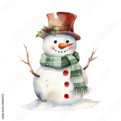 Snowman watercolor clipart on transparent background. Generative AI illustration