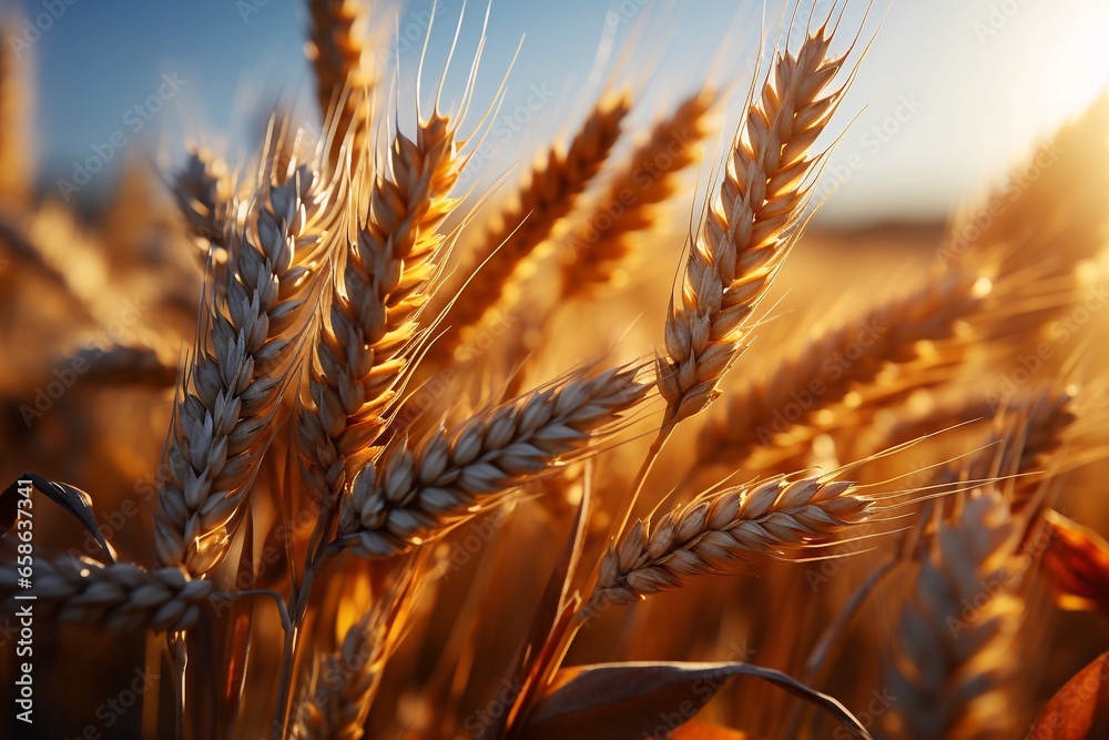 Golden Field scape Sunrise Adorns Closeup Image of Wheat Field by Generative AI