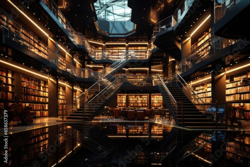 Explore the rich world of knowledge in this modern library. With its impressive architecture and vast collection of books, it's a hub for education and culture.