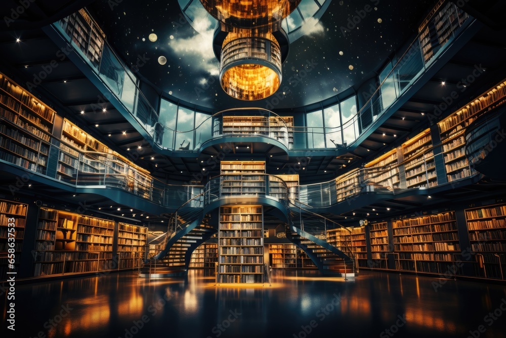 Explore the rich world of knowledge in this modern library. With its impressive architecture and vast collection of books, it's a hub for education and culture. - obrazy, fototapety, plakaty 