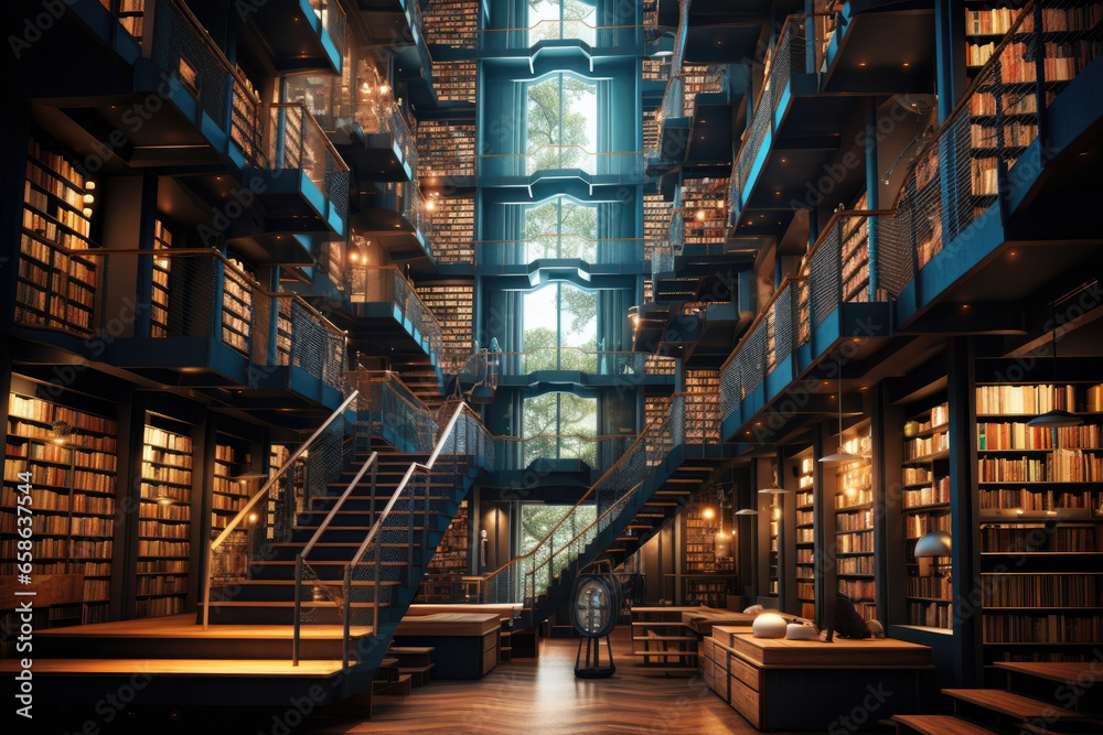Explore the rich world of knowledge in this modern library. With its impressive architecture and vast collection of books, it's a hub for education and culture. - obrazy, fototapety, plakaty 