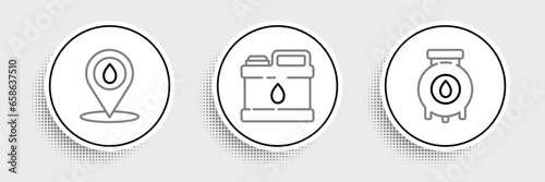 Set line Oil and gas industrial factory building, Refill petrol fuel location and Canister for motor machine oil icon. Vector