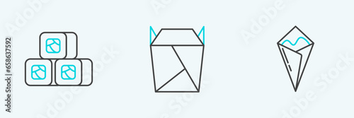 Set line Temaki roll, Sushi and Rstaurant opened take out box filled icon. Vector