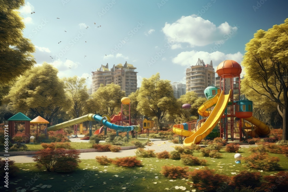Discover the joy of childhood at this colorful playground in the park. With various equipment and recreational options, it's a perfect place for kids to play and have fun outdoors