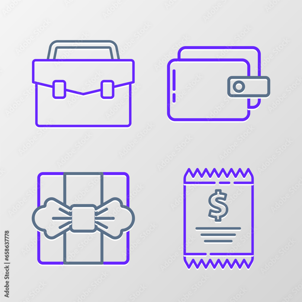 Set line Paper check and financial check, Gift box, Wallet and Briefcase icon. Vector