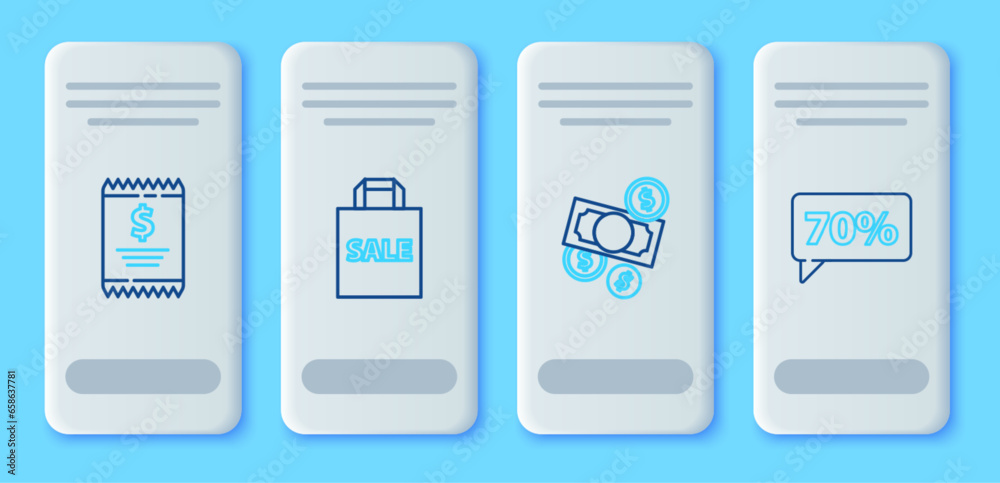 Set line Shoping bag with Sale, Money cash and coin, Paper check financial check and Seventy discount percent tag icon. Vector