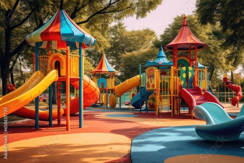 Discover the joy of childhood at this colorful playground in the park. With various equipment and recreational options, it's a perfect place for kids to play and have fun outdoors photo