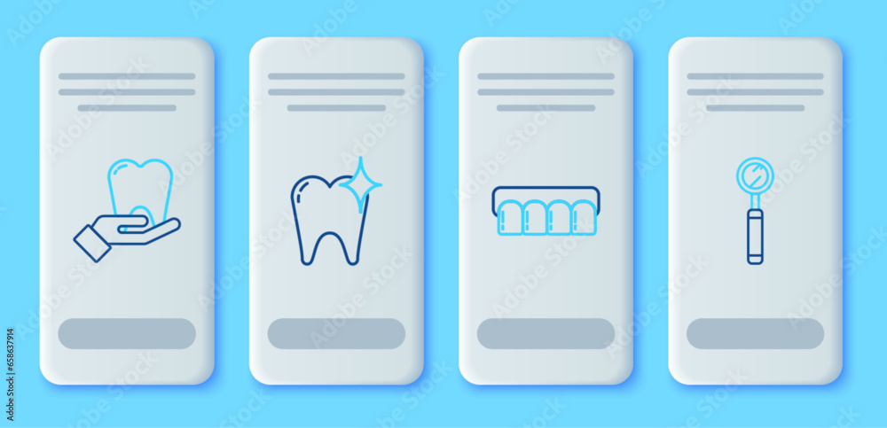 Set line Tooth whitening concept, Dentures model, and Dental inspection mirror icon. Vector