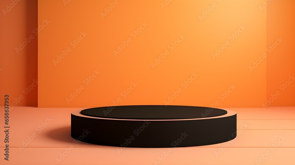 Round Stone Podium in front of a light orange Studio Background. Black Pedestal for Product Presentation Round Stone Podium in front of a light orange Studio Background. Black Pedestal for Product Presentation