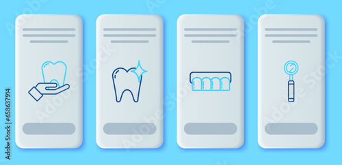 Set line Tooth whitening concept, Dentures model, and Dental inspection mirror icon. Vector