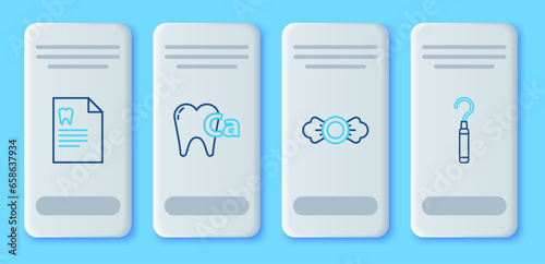 Set line Calcium for tooth, Candy, Clipboard with dental card and Dental explorer scaler teeth icon. Vector