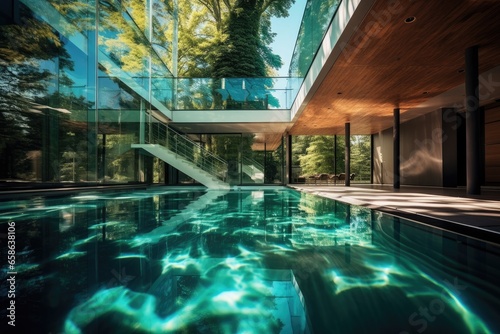 An architecturally stunning modern home with a luxurious pool, surrounded by beautiful nature and offering breathtaking views. Perfect for a summer holiday or relaxing getaway.