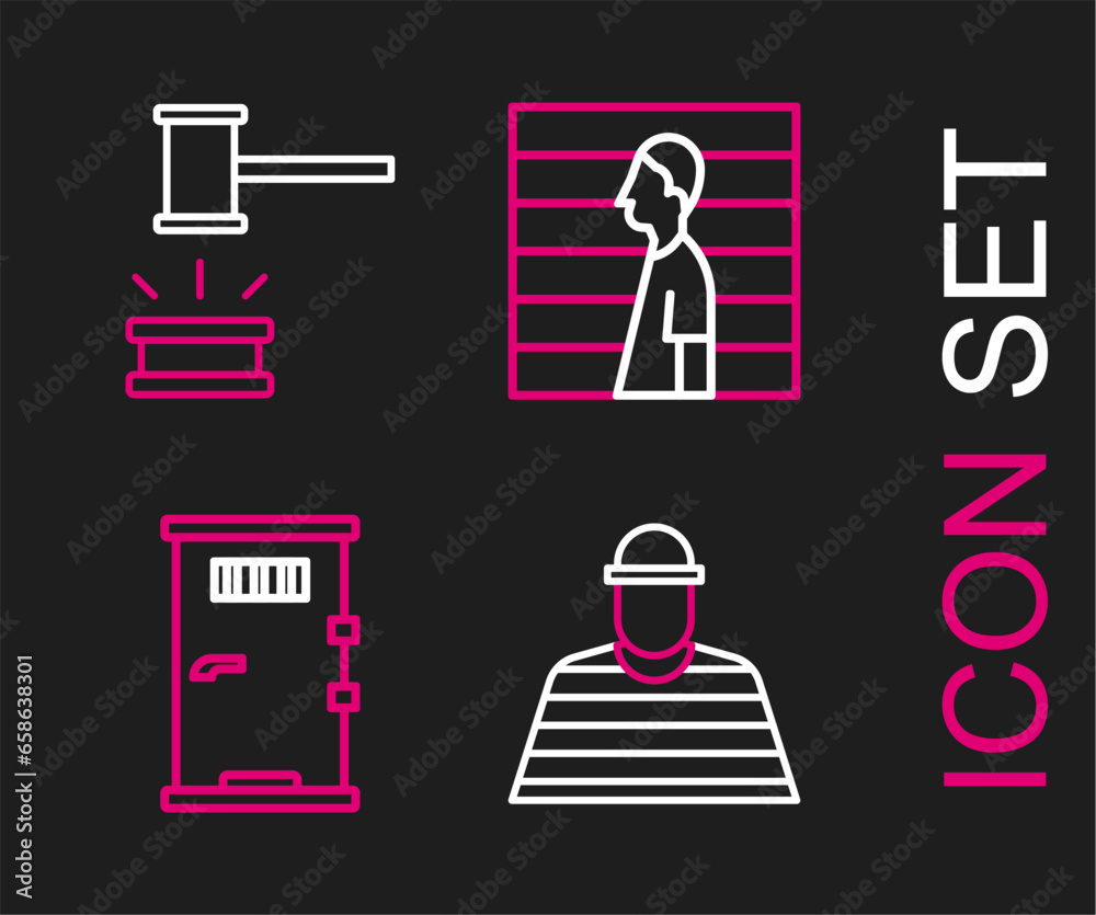 Set line Prisoner, cell door, Suspect criminal and Judge gavel icon. Vector Set line Prisoner, cell door, Suspect criminal and Judge gavel icon. Vector